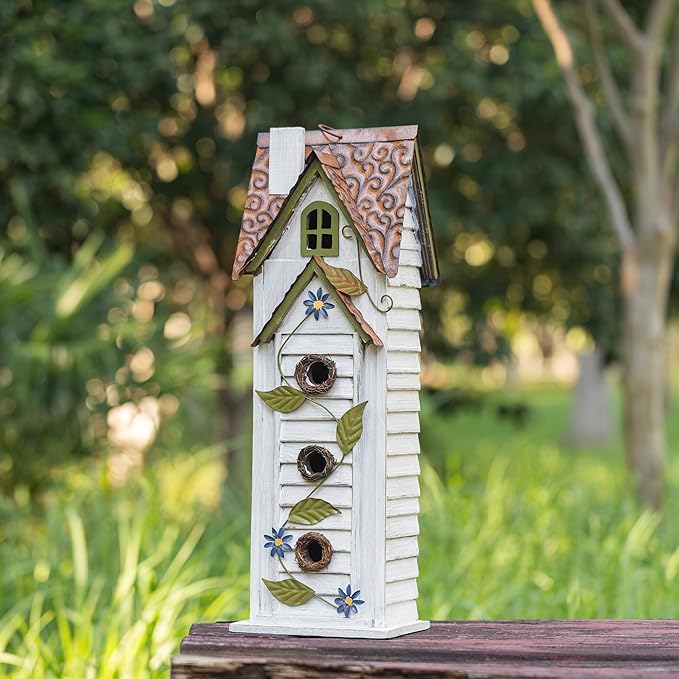 Glitzhome Bird Houses for Outside,Hand Painted Hanging Bird House for Outdoors, 24.25" H Oversized 3-Tiered Villa Decorative Wooden Bird Houses Large Birdhouse for Garden, Washed White