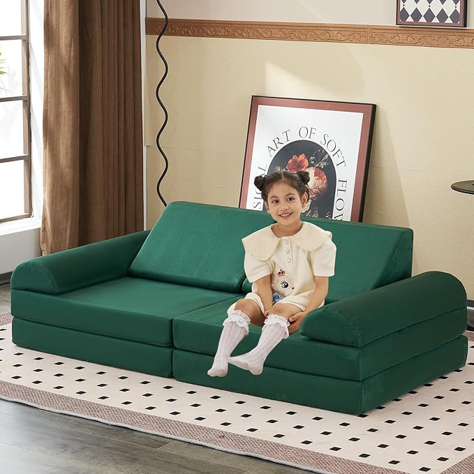 jela Kids Couch Safety Certified Play Couch Soft Kids Sofa with Machine Washable Cover Thick Foam Fort Building Set for Playroom Indoor (57"x28"x18", Pine Green)
