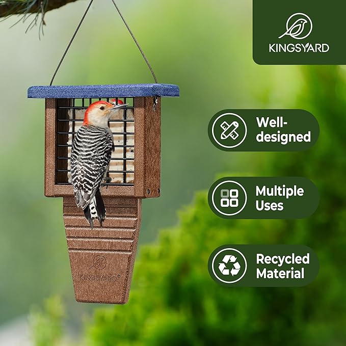 Kingsyard Recycled Plastic Suet Bird Feeder, Tail Prop Suet Feeder for Outside Hanging, Sturdy & Durable, Great for Woodpecker & Clinging Birds, Blue