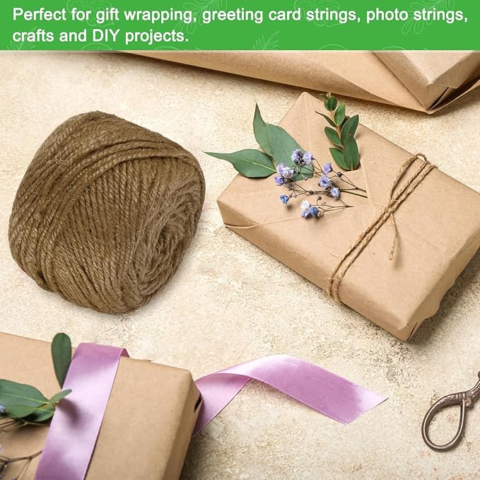 2-Pack Natural Jute Twine String, 3mm x 328ft/100m Long Garden Twine Balls for Crafts/Gift Wrapping/Gardening Plants, Durable Plant Ties Thick Rope [Dark Brown]
