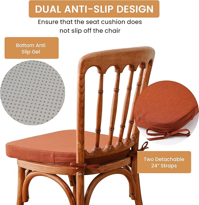 Battilo Chair Cushions for Dining Chairs with Ties, Outdoor Waterproof Kitchen Chair Pad with Non-Slip Backing, Seat Cushions with Machine Washable Removable Cover, 16"x16"x2", Set of 4, Caramel