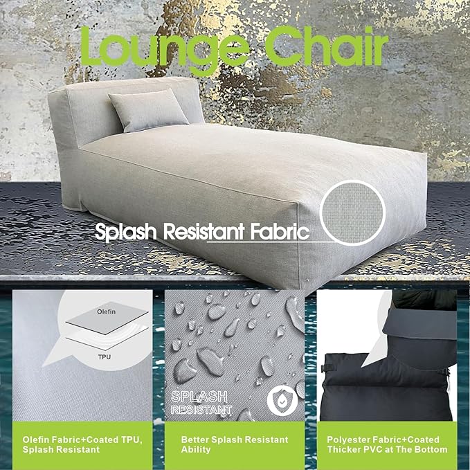 Bean Bag Chaise Lounge Chair Outdoor, Water Resistant Floor Lounge Chairs Foam Filled for Pool & Outside, Patio Day Bed Modern Furniture Set, Comfy Lazy Sofa Couch Bean Bag, Light Gray