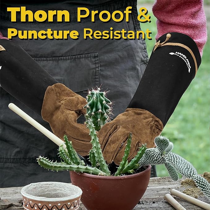 HANDLANDY Long Gardening Gloves for Men & Women, Pigskin Leather Rose Pruning Gloves, Breathable Thorn Proof Gauntlet Glove (Brown-Pigskin, S)
