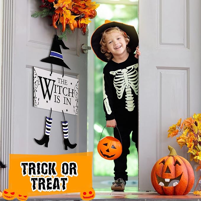 Jetec Halloween Hanging Sign Decoration The Witch is in Hanging Door Sign Witch Halloween Welcome Sign Wooden Wall Decor for Halloween Home Party Indoor Outdoor Decoration
