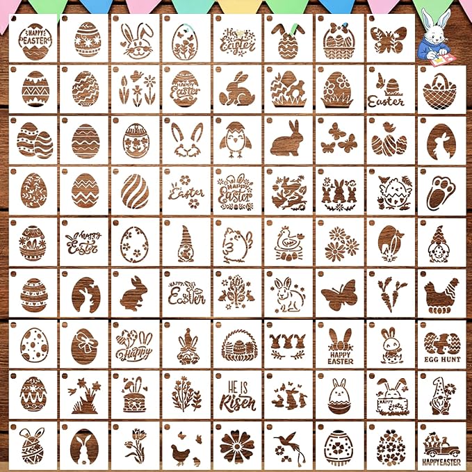 80 PCS Reusable Easter Stencils – Small Easter Stencils for Crafts, Painting on Wood, Fabric, Walls & Cards, Spring Craft Templates (3×3 Inch)