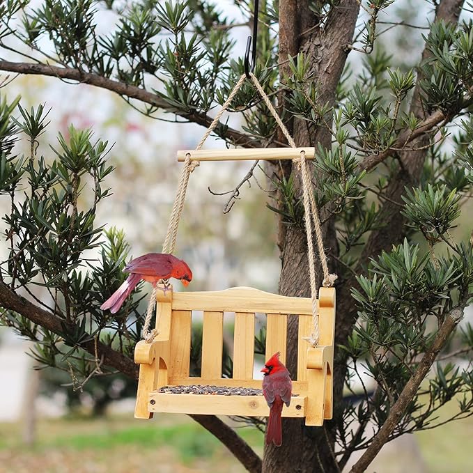 2pk Cedar Swing Birdfeeder,Traditional Regency Seat Style, Solid Wood Hand Curve Cutting, Rustic Proof Metal Mesh Tray, Bird Feeder for Outside, BJD Dolls Swing