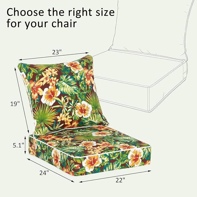 COZYVIDA Outdoor Deep Seat Cushion Set of 2, 22"x24" Seat & 23"x19" Back,Water-Resistant Breathable Fabric,UV-Resistant 1000+ Hrs, 30D Foam with Recycled Fiber Fill and YKK Zippers,Tropical Floral