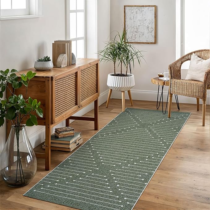 LIVEBOX 2x6 Green Entryway Runner Rug, Hallway Kitchen Cotton Woven Runners, Washable Narrow Rugs for Laundry Room (Dark Green & White)