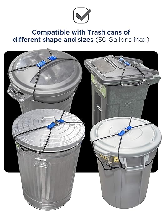 ENCASED Trash Can Lock for Animals/Raccoons, Bungee Cord Heavy Duty Large Outdoor Garbage Lid Lock ((Does NOT Include Trash Can))