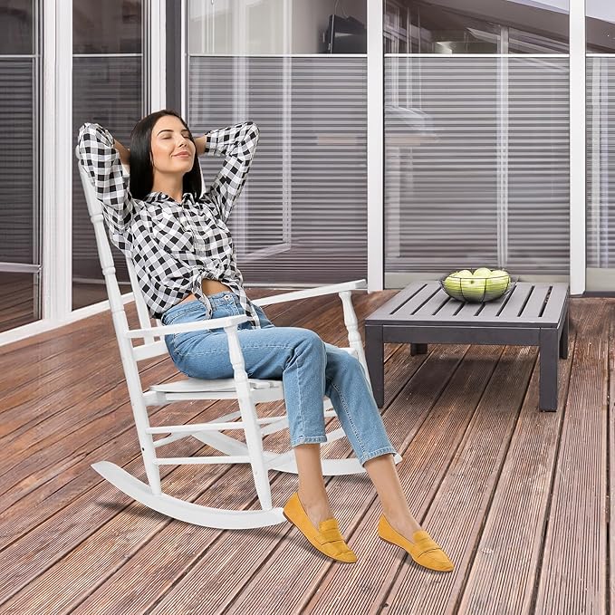 VINGLI Wooden Rocking Chair Outdoor Set of 2, Patio Rockers with High Back, Support 450 LBS Rocking Chairs, for Porch, Patio, Balcony, Garden, Yard (White, 2 PCS)