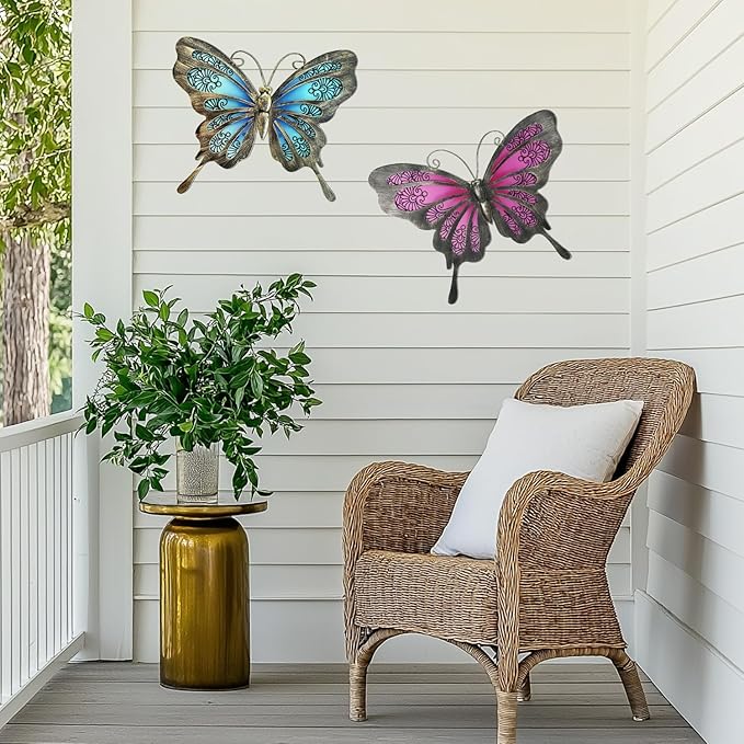 LIFFY Metal Butterfly Wall Decor,2Pack 12" Glass Butterfly Outdoor Wall Art Sculptures,Hanging Garden Decor Outside for Home,Yard,Fence,Patio