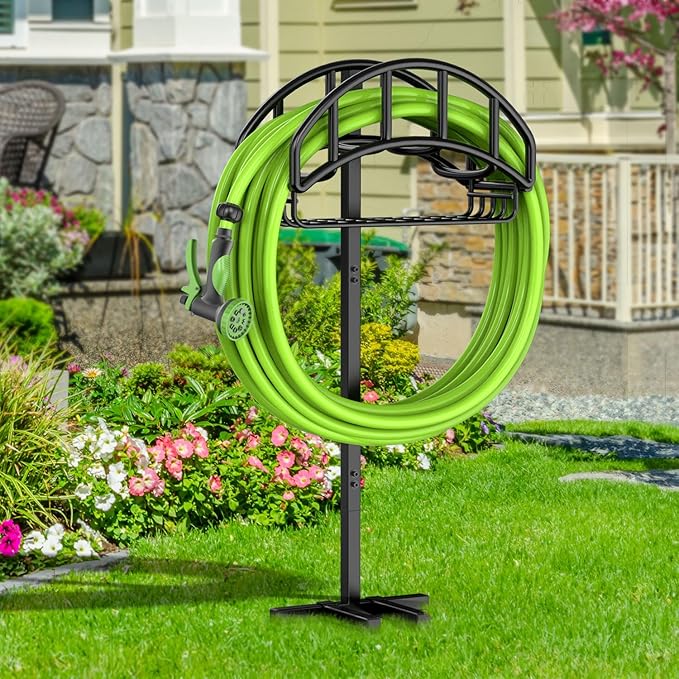 Garden Hose Holder - Upgraded Metal Reel With Tool Storage Basket, Heavy Duty Freestanding Water Hose Holder Holds 150ft, Detachable Storage Hanger for Outside