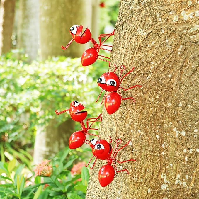 Metal Yard Art Garden Decorative Cute Ant Outdoor Wall Sculptures - Set of 4 Red