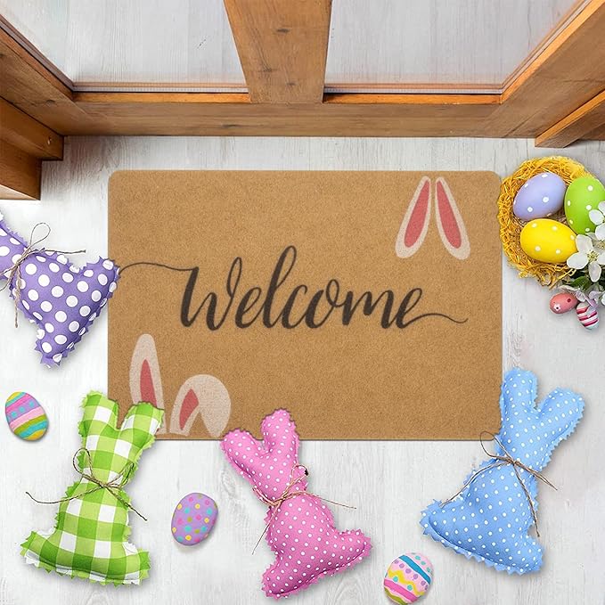 Easter-Decorative-Welcome-Doormat Outdoor-Entrance Easter Bunny Door Mat Non Slip Coir Front Door Mats for Spring Home Decor 17" x 29"