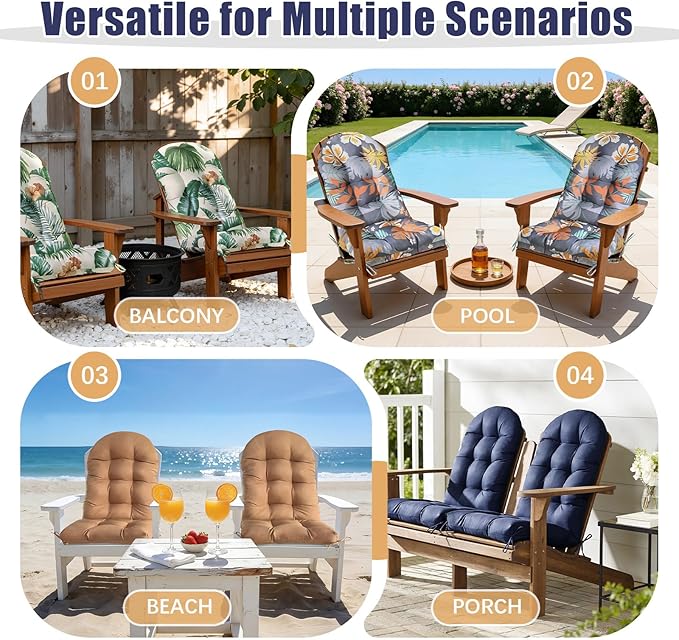 Gnostik Adirondack Chair Cushions Set of 2, Floral Leaf Waterproof Rocking Chair Cushion 46.2x19.2x4 in, Thickened Tufted Indoor/Outdoor High Back Patio Cushions Seat Pads with Ties