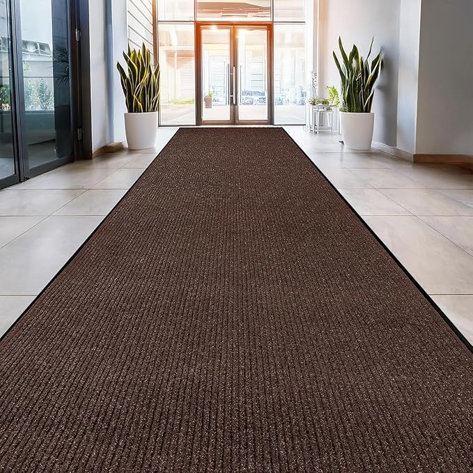 LuxUrux Striped Brown Door Mat - Heavy Duty, Indoor/Outdoor, Easy Clean, Waterproof, Low-Profile (4 x 10 Feet) - Ideal for Entry, Patio, Garage - Durable Solution for High Traffic Entrance Ways