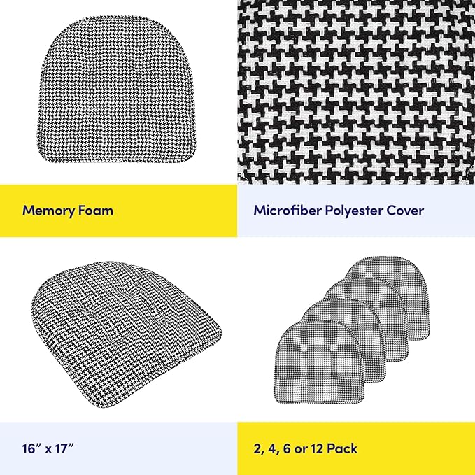 Sweet Home Collection Chair Cushion Memory Foam Pads Tufted Slip Non Skid Rubber Back U-Shaped 17" x 16" Seat Cover, 2 Count (Pack of 1), Houndsooth Black