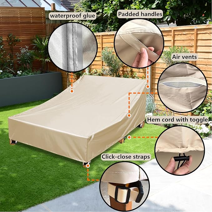 Outdoor Double Chaise Lounge Chair Cover Waterproof, 100% 600D Oxford Fabric Tear-resistant and Windproof All-season Weatherproof Protection for Patio Furniture Lounge Chair/Sunbed Daybed (Beige)