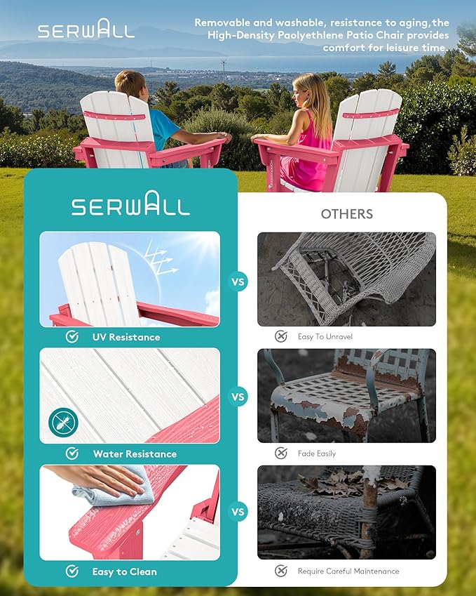 SERWALL Kids Adirondack Chair Sets for 2, HDPE Adirondack Chair for Children,All-Weather Resistant for Patio, Garden, Backyard - White and Light Pink