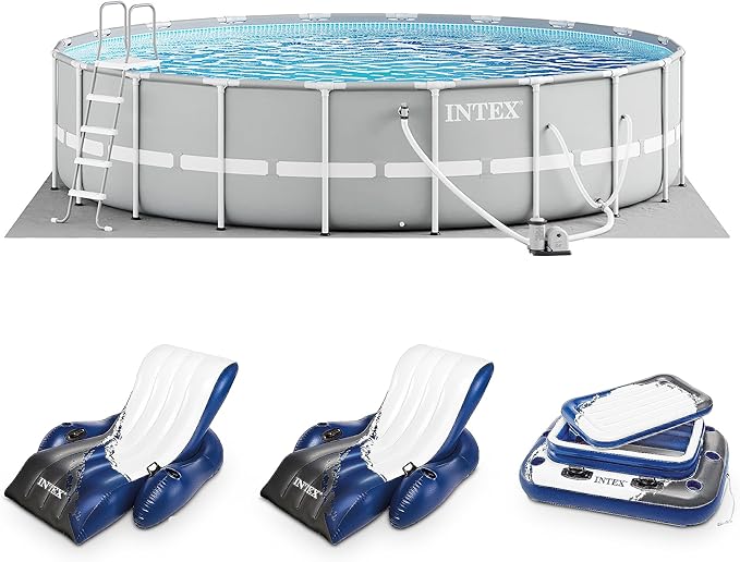 Intex 20ft x 52in Outdoor Prism Frame Above Ground Swimming Pool Set with Cartridge Filter Pump, 2 Lounger Float Chairs and Inflatable Cooler with Lid