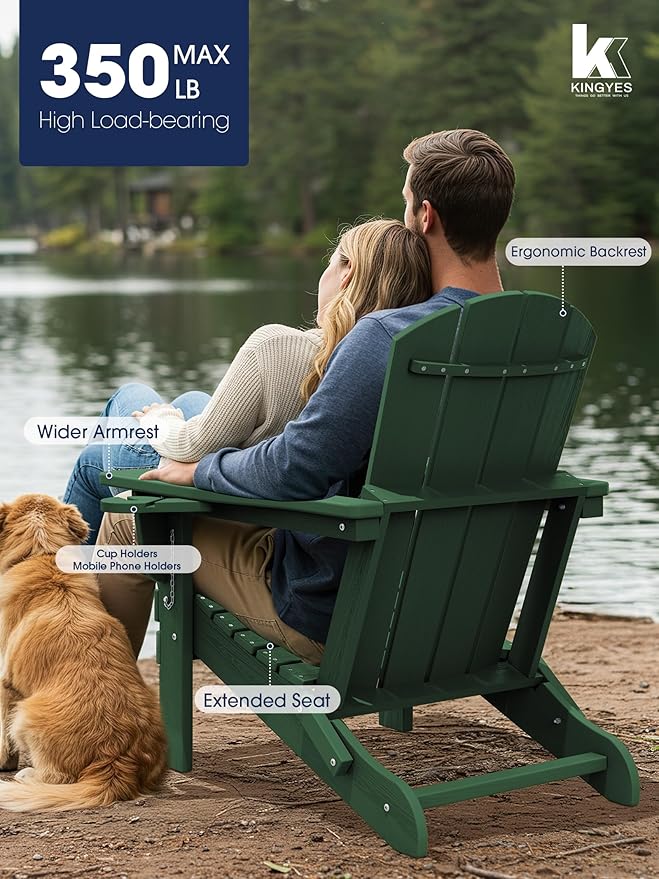 KINGYES Folding Adirondack Chair with Dual Cup Holders - HDPE All-Weather Outdoor Chairs, Wood-Like Patio Chair for Backyard, Camping, Pool & Fire Pit, Dark Green