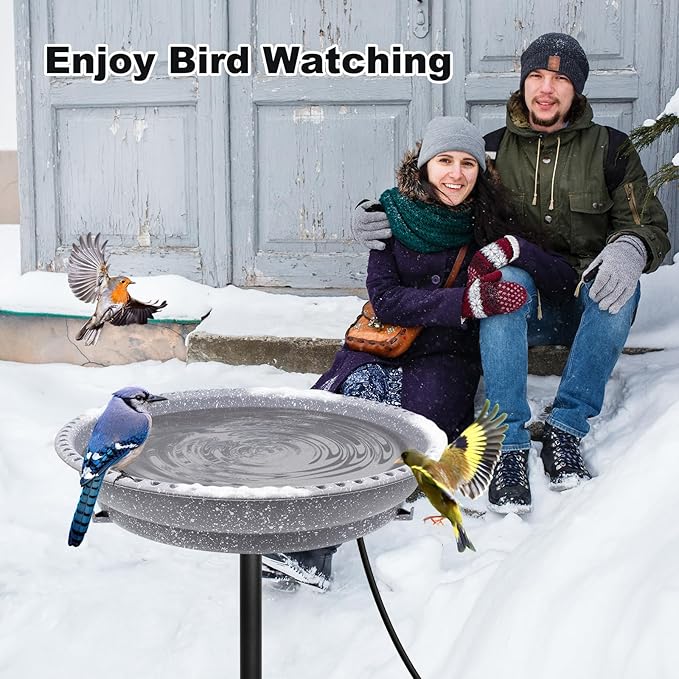 BIRD WISH Heated Bird Bath, Stable 5-Prong Metal Base Thermostat Control Weather Resistance All Seasons Available 75W Heated Bird Baths for Outdoors for Winter Garden Yard Patio Lawn, Spotted Grey