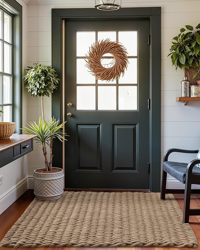 DEXI Jute Door Mat for Front Entryway, 47x71 Braided Woven Doormat Outside Entrance, Dirt Trapper Natural Fiber Entry Mats for Patio, Brown