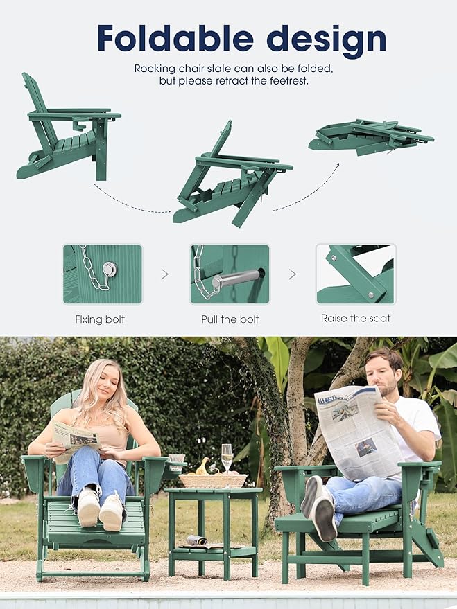 KINGYES Adirondack Rocking Chair Set of 4 with Retractable Ottoman and Cup Holders, HDPE Adirondack Rocker Patio Rocking Chair for Porch, Patio, Balcony, Leaf Green