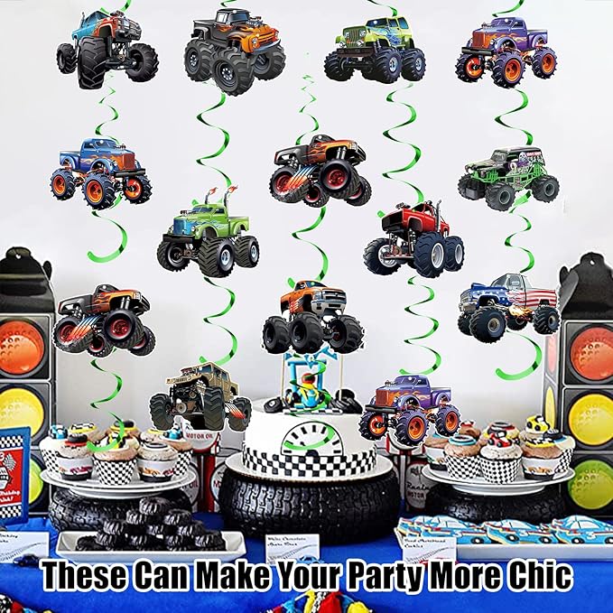 50 Pcs Monster Truck Birthday Hanging Decorations Monster Truck Birthday Party Hanging Decoration Racing Theme Party Supplies Decoration Suitable Decorations for Boys Girls Baby Children