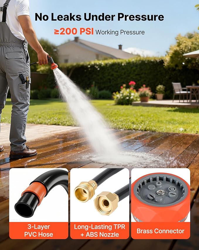 VEVOR Retractable Garden Hose Reel, 1/2 in x 50 ft, Wall Mounted Hose Reel with 9-Function Sprayer Nozzle and 180° Swivel Bracket, Any Length Lock, Automatic Slow Rewind System, for Garden Watering
