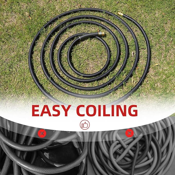 WiseFlow Garden Hose 90FT x 5/8", Heavy Duty Rubber Hose, Water Hose with Five Layered Braiding, Male Female Fittings, 1000PSI Burst, 300PSI Working (Black)