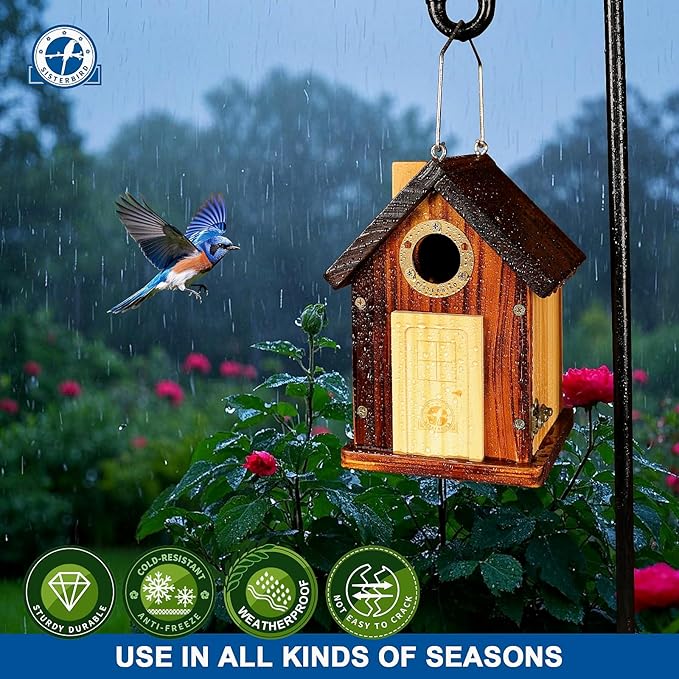 Bluebird Houses for Outside, Premium Bird Houses for Outside, Wooden Cabin Birdhouses for Outdoors, Weatherproof Courtyard Decorated Hanging Bird House, Nesting Bird House