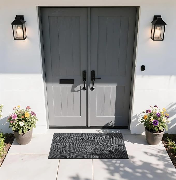 Yimobra Doormat Indoor Outdoor Entrance, Simple Stripes, All-Weather Waterproof & Non-Slip Mat for Front Door, Heavy Duty Polyester Welcome Mat for Garage, Patio-47x24，Dark Grey