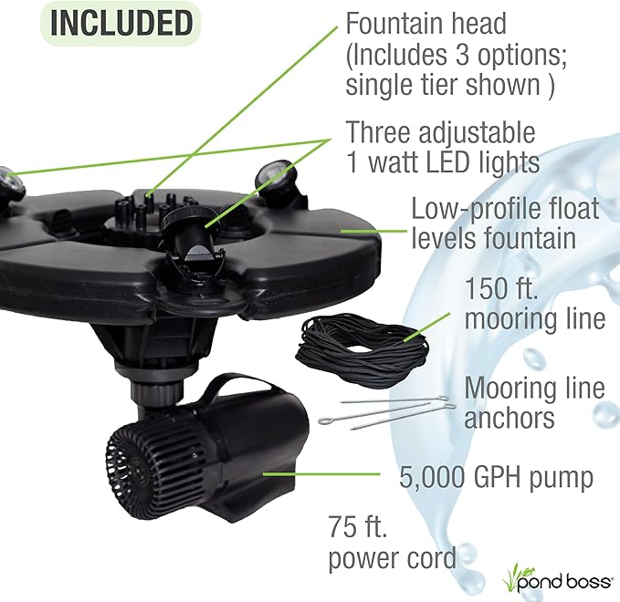 pond boss PRO Floating Fountain with Lights, 1/2 hp, 5000 GPH pump