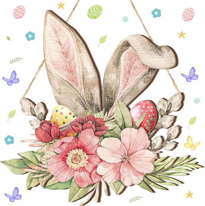 Juexica Easter Door Sign Bunny Ear Hanging Decor Easter Flower Wooden Sign Wall Hanging Decorations for Front Door Wood Porch Decor Wall Pediments