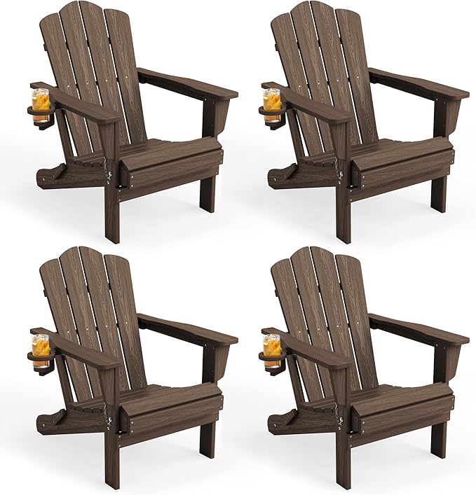 KINGYES Folding Adirondack Chair Set of 4, HDPE All-Weather Patio Chairs with Cup Holder, Wooden Textured Fire Pit Chairs for Poolside, Backyard, Deck, Coffee