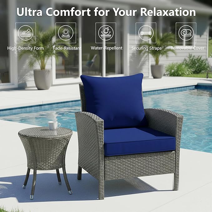 19x19 Inch Patio Chair Cushion with Removable Cover, Outdoor Furniture Cushion - Water-Repellent, Fade-Resistant, Non-Slip Bottom & Straps, Replacement for Lawn, Porch & Deck Chair - Navy