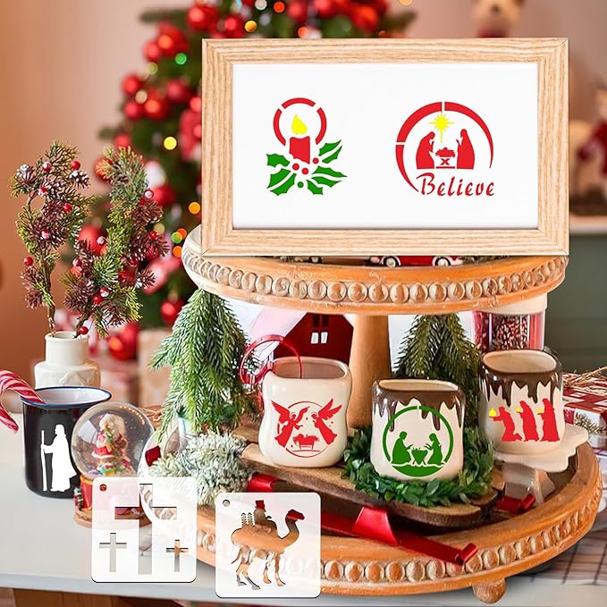JULMELON Christmas Stencils - 20 Pcs Reusable Nativity of Jesus & Religious Scene Stencils for Painting on Wood, Fabric & Canvas