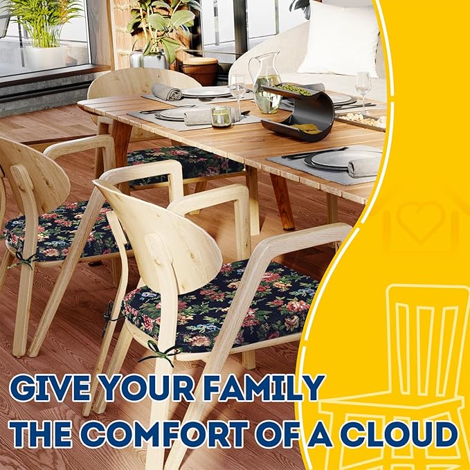 AAAAAcessories D-Shaped Chair Cushions, 2" Thick Dining Chair Pads with Ties and Removable, Machine-Washable Cover, 17" x 16", Set of 2, Night-Blooming Blossoms