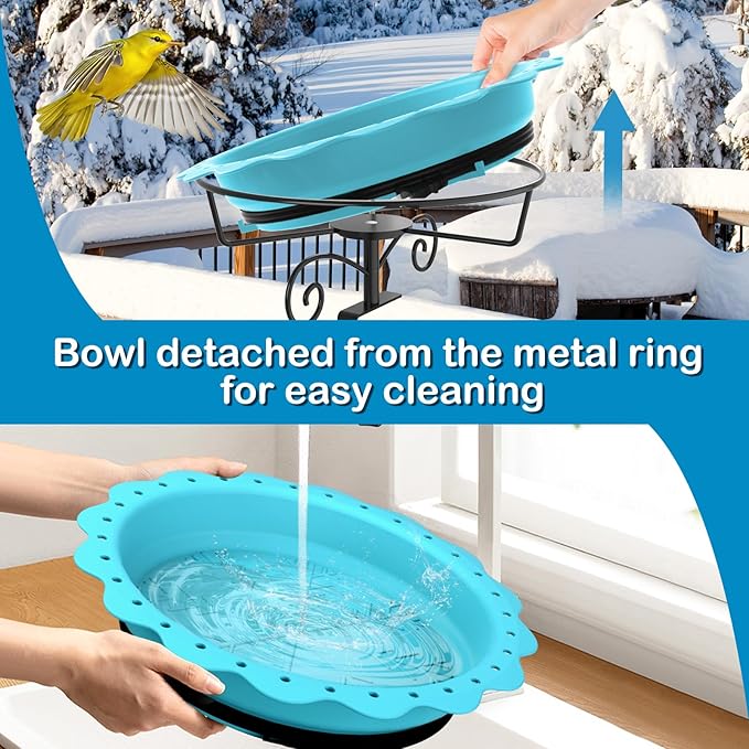 Heated Bird Bath for Deck Railing, Powerful 100W Thermostatically Controlled Heated Bird Baths for Outdoors for Winter, Heated Birdbath Water Heater for Outside Garden Yard Patio Lawn (Blue)