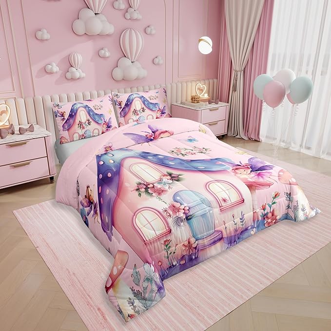 Erosebridal Fairy Garden Full Comforter Set - Pink Fairy Butterfly Bedding Sets for Girls Kids, Cute Pink Floral Bed Set, Kawaii Mushroom Flower Room Decor - 2 Pillowcases Breathable