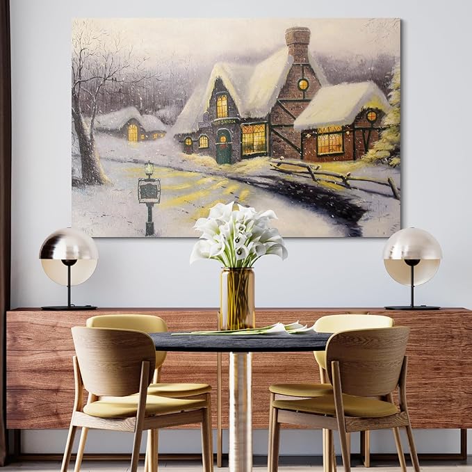 STUDIO HAVEN Thomas Kinkade Canvas Wall Art, Snowy Cottage Thatched Roof Glowing Windows Lantern Winter Serenity Cozy Oil Painting Poster Winter Wall Decor, Framed Prints for Home Decor, 28x20Inch