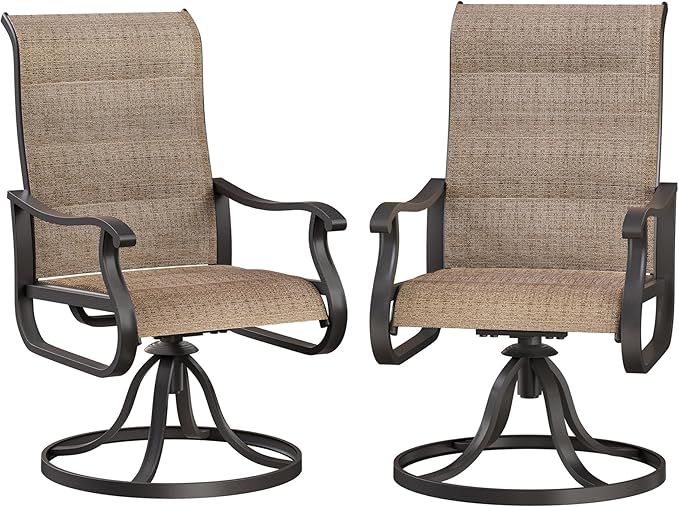 Patio Swivel Chairs Set of 2, Outdoor Dining Chairs with High Back, All-Weather Swivel Rocker Chair for Lawn, Porch or Garden (Padded Brown)