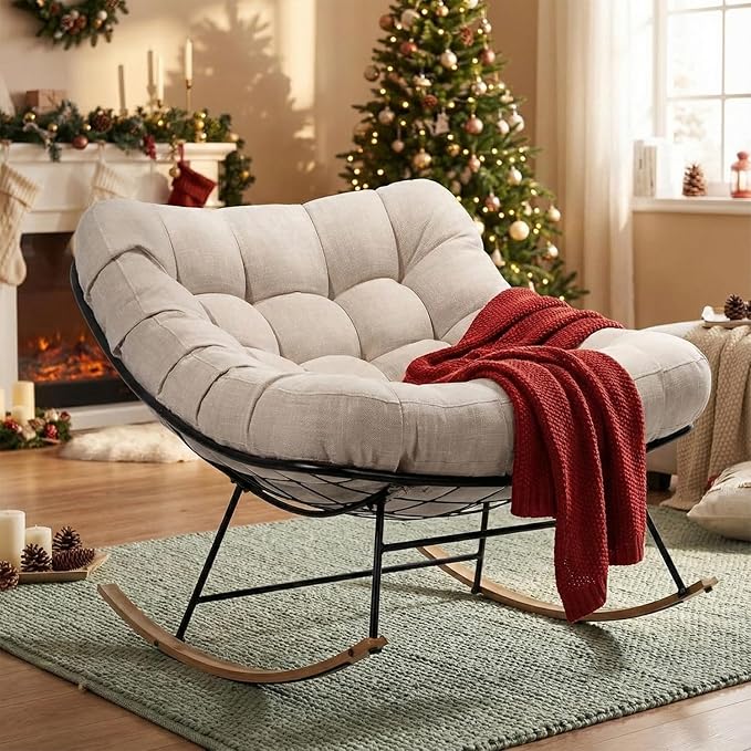 Bme Patio Rocking Chair Outdoor and Indoor, Modern Metal Lounge Rocker with Thick 7'' Cushion, 400lbs Capacity, Ergonomic Design, Easy Assembly, Beige Cushion - Wood Texture Rocker