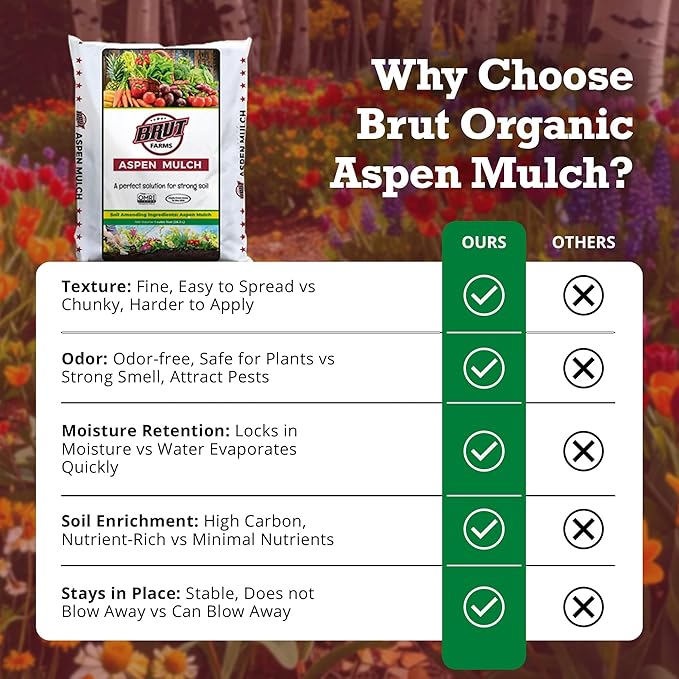 Brut Organic Aspen Mulch – 1 Cubic Foot, Natural Moisture Retainer & Root Protector – Odor-Free, Nutrient-Rich Bark Mulch for Landscaping, Garden Beds & Potted Plants