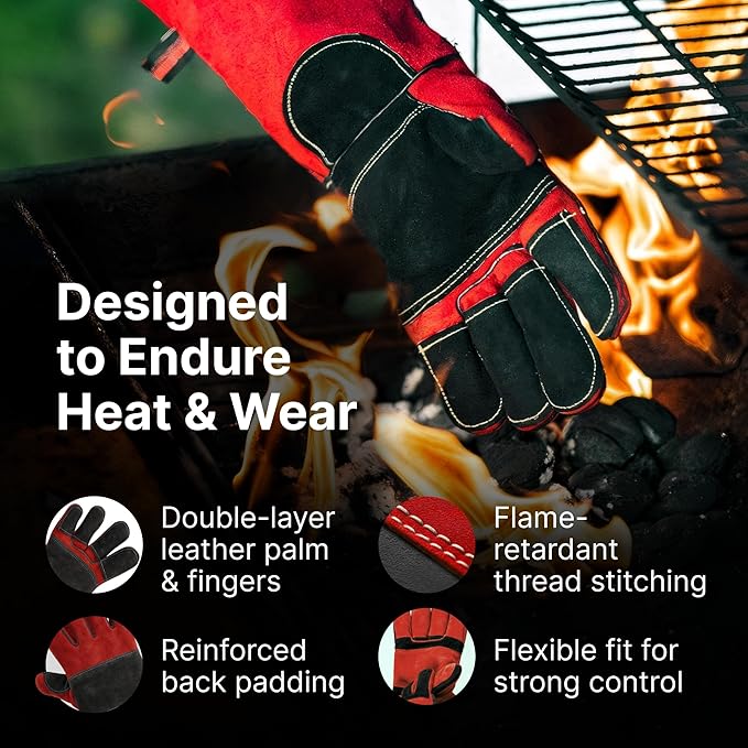 Grill Armor Welding Gloves – 16-Inch EN407 Leather Forge, MIG & Stick Welding Gloves – 932°F Heat & Fire Resistant – Red