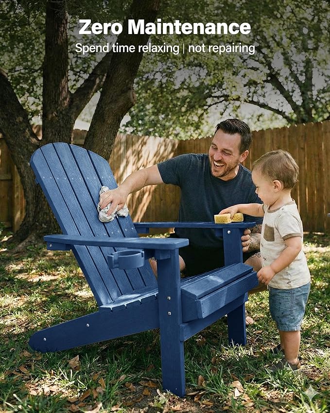 YEFU Adirondack Chair Weather Resistant: Outdoor Chair HIPS Plastic Adirondack Chairs - Patio Chairs with Wood Texture - Lawn Fire Pit Deck Porch Garden Chairs for Adults (Navy Blue)
