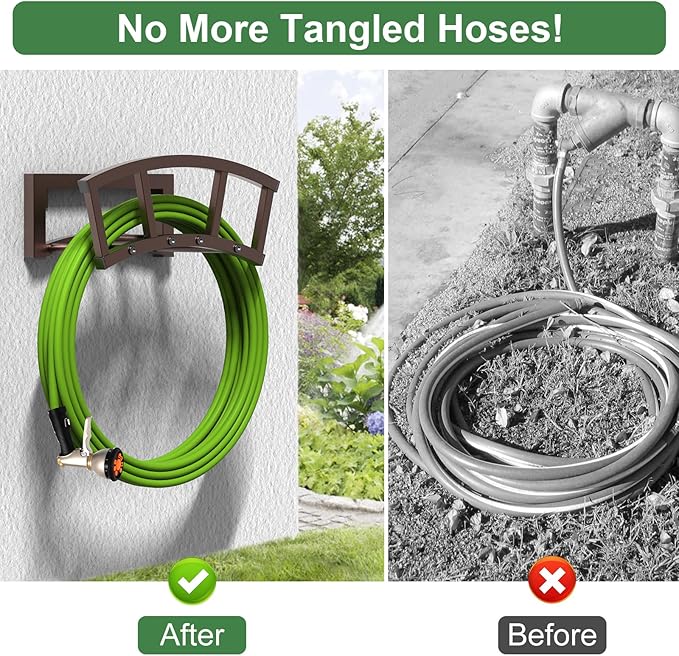 2 Pack Garden Hose Holder Wall Mounted, Outdoor Heavy Duty Metal Water Hose Holder Hanger Holds 125-ft Water Pipe, Sturdy Detachable Hose Storage Organizer Reel Rack for Outside Garden Lawn, Bronze