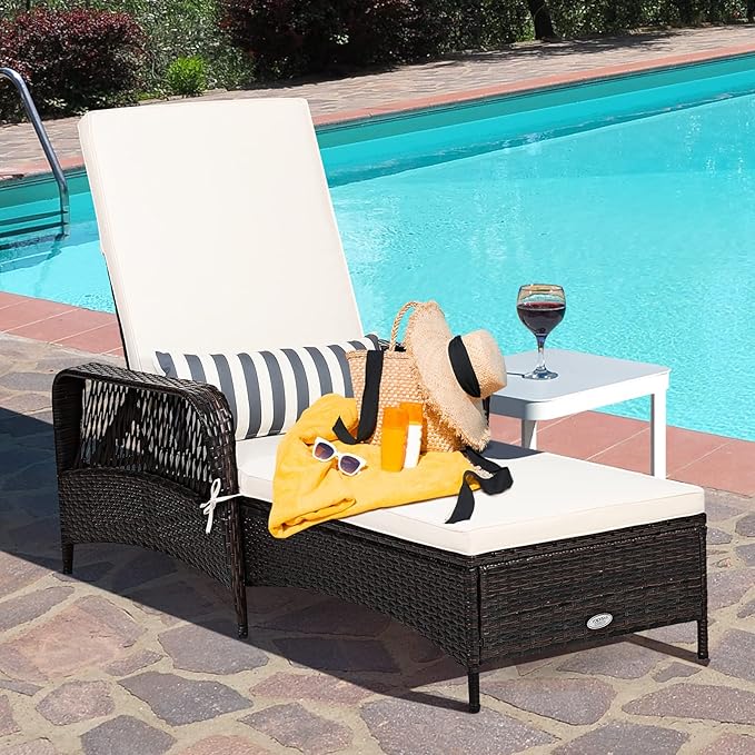 Tangkula Wicker Chaise Lounge Outdoor Set of 2, Patio Rattan Reclining Chaise with 6-Gear Adjustable Backrest, Thick Padded Cushion & Removable Lumbar Pillow, Pool Lounge Chairs for Outside Balcony