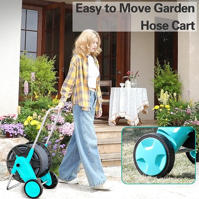 Portable Garden Hose Reel Cart, Hold Up to 100-120 Ft of 5/8 Inch Hose,Metal Garden Water Pipe Holders Mobile Tools with 2 Wheels for Outside Hose Storage